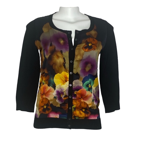 MEXX METROPOLITAN Floral Black Art To Wear Viscose 3/4 Sleeves Cardigan XS EUC - Picture 1 of 16